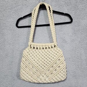 Vintage 1970s Macrame‎ Womens Purse Bag Cream Boho Lined Pockets